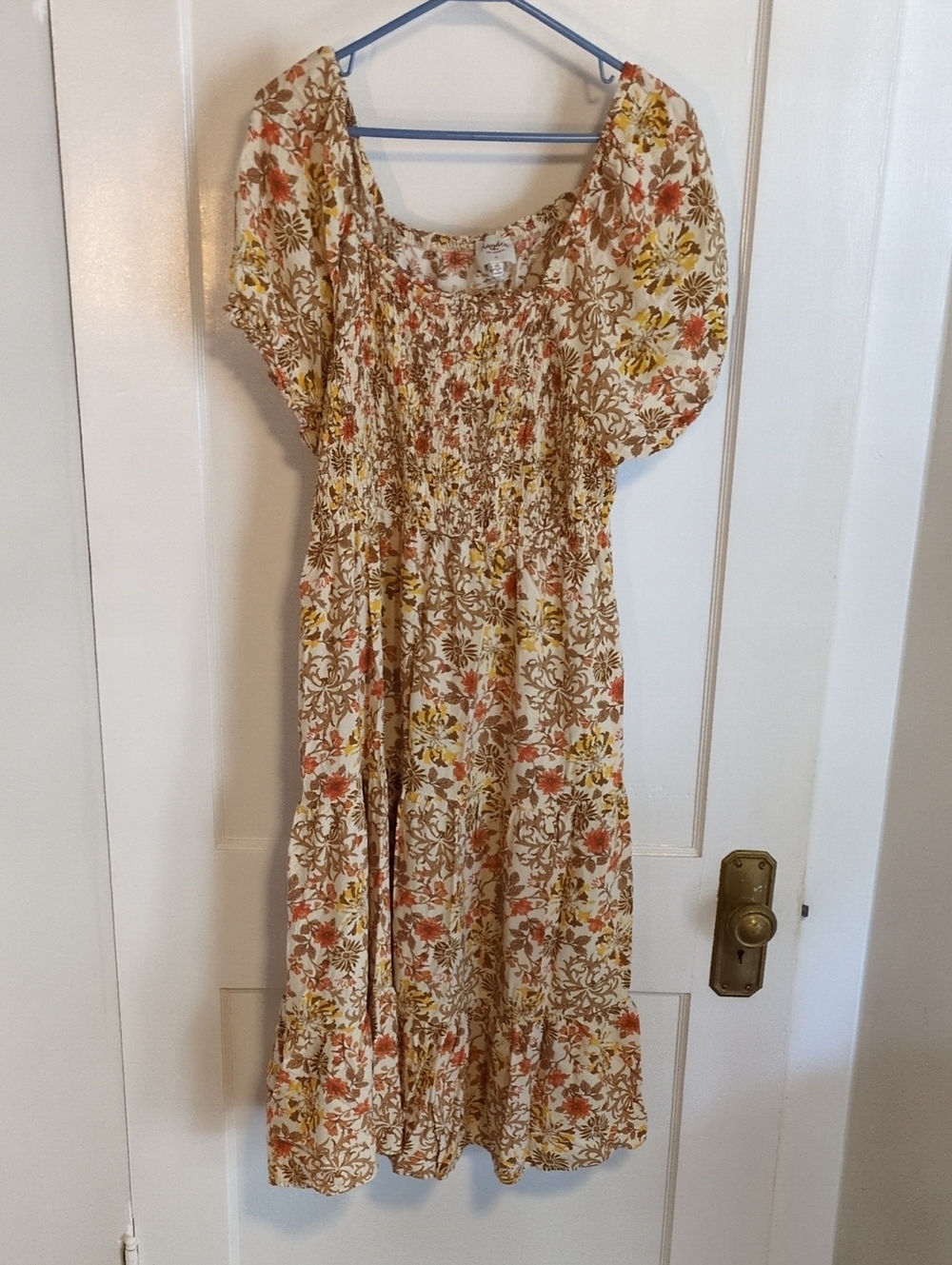 Smocked Floral Midi Dress in Cream, Yellow & Rust